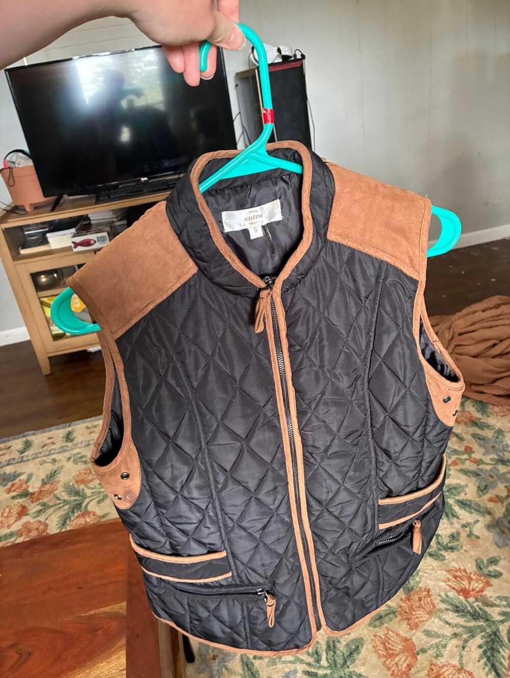 entro Black Quilted Vest with Brown Suede-Trim